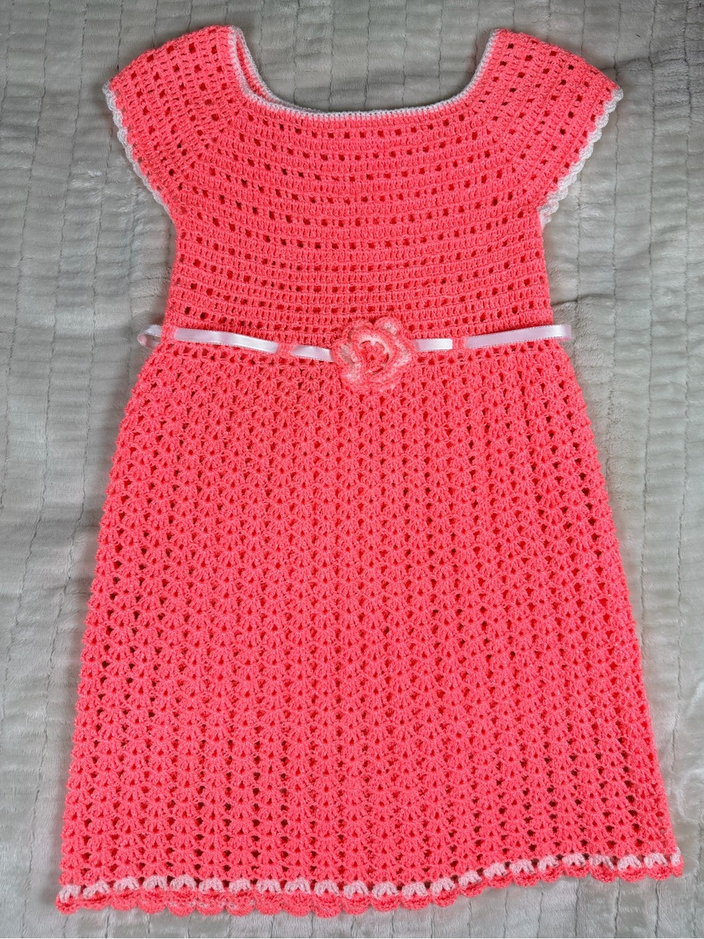 Handmade Crochet Girls Dress Pink Coral Cottagecore Heirloom Flower Ribbon - Picture 2 of 12